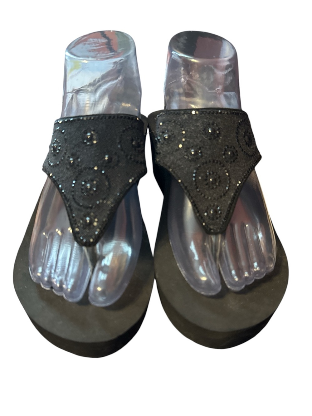 Sun and Shade black, jeweled, wedge flip flops.